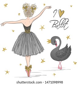 Hand drawn beautiful, lovely, little ballerina girl with black swan. Vector illustration.