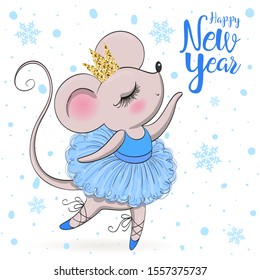Hand drawn beautiful, lovely, little mouse ballerina girl with crown on her head. Happy new year. Vector illustration.