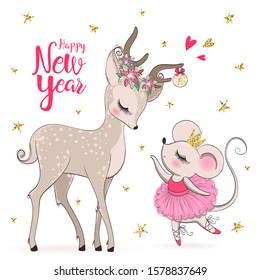 Hand drawn beautiful, lovely, little mouse ballerina girl with cute deer. Happy new year. Vector illustration.