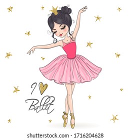 Hand drawn beautiful, lovely, little ballerina girl with crown on her head. Vector illustration.