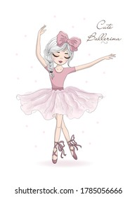 Hand drawn beautiful, lovely, little ballerina with bow on her head. Vector illustration. Dancing ballet girl.