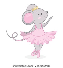 Hand drawn beautiful, lovely, little mouse ballerina girl with crown on her head. Vector illustration.