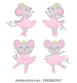 Hand gezeichnet schöne, schöne, kleine Maus Ballerina Mädchen mit Krone auf dem Kopf. Vektorillustration.