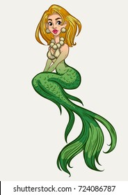 Hand drawn beautiful magic mermaid. Ocean siren. Sea, fantasy, mythology, tattoo art. Isolated vector illustration.