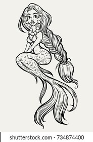 Hand drawn beautiful magic mermaid. Ocean siren in retro style. Sea, fantasy, mythology, tattoo art, coloring books. Isolated vector illustration.