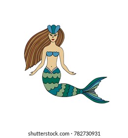 Hand drawn beautiful Mermaid. Color variant. Vector illustration.