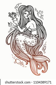 Hand drawn beautiful mermaid girl with fairytale hair. Ocean siren in retro style. Sea, fantasy, spirituality, mythology, tattoo art, coloring books. Isolated vector illustration.