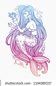 Hand drawn beautiful mermaid girl with fairytale hair. Ocean siren in retro style. Sea, fantasy, spirituality, mythology, tattoo art, coloring books. Isolated vector illustration.