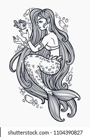 Hand drawn beautiful mermaid girl with fairytale hair. Ocean siren in retro style. Sea, fantasy, spirituality, mythology, tattoo art, coloring books. Isolated vector illustration.