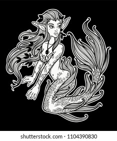 Hand drawn beautiful mermaid girl with fairytale hair. Ocean siren in retro style. Sea, fantasy, spirituality, mythology, tattoo art, coloring books. Isolated vector illustration.