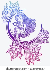 Hand drawn beautiful mermaid girl with fairytale hair with stars and moon. Ocean siren in retro style. Sea, fantasy, spirituality, mythology, tattoo art, coloring books. Isolated vector illustration.