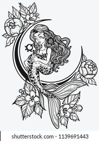 Hand drawn beautiful mermaid girl with fairytale hair with stars and moon. Ocean siren in retro style. Sea, fantasy, spirituality, mythology, tattoo art, coloring books. Isolated vector illustration.