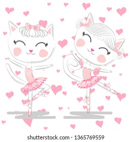 Hand drawn beautiful pair of cute white ballerina cats in pink ballet tutu and pointe