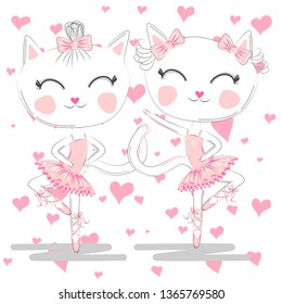 Hand drawn beautiful pair of cute white ballerina cats in pink ballet tutu and pointe