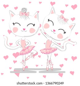 Hand drawn beautiful pair of cute white ballerina cats in pink ballet tutu and pointe