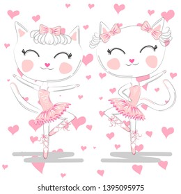 Hand drawn beautiful pair of cute white ballerina cats in pink ballet tutu and pointe