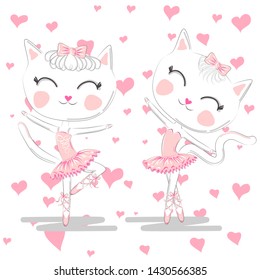 Hand drawn beautiful pair of cute white ballerina cats in pink ballet tutu and pointe