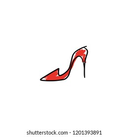 Hand drawn beautiful red leather woman shoe with high heel. Fashion illustration isolated on white background, girl sketch, shopping label or shoestore logotype