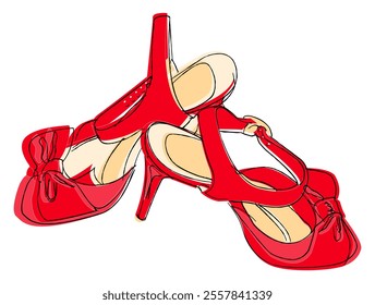 Hand drawn beautiful red shoes with high heels and bows. Fashion accessories. Stylish women shoes. Vector sketch.