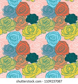 Hand drawn beautiful roses, vector illustration. Seamless pattern for prints, textile, wrapping paper etc.