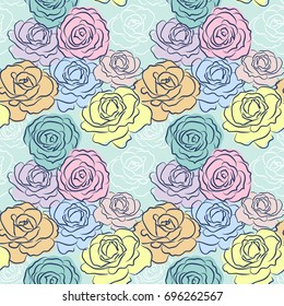 Hand drawn beautiful roses, vector illustration. Seamless pattern for prints, textile, wrapping paper etc.