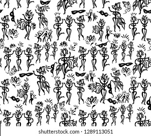 Hand drawn beautiful samba dancers in feathers. Dancers silhouettes seamless pattern. Art illustration original graphic pattern imitation of painting with brush and ink. Black template