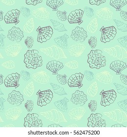 Hand drawn beautiful sea shells, vector illustration. Seamless pattern for prints, textile, wrapping paper etc.