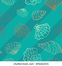 Hand drawn beautiful sea shells on striped background, vector illustration. Seamless pattern for prints, textile, wrapping paper etc