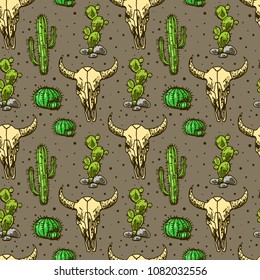 Hand drawn beautiful seamless pattern with cactus and skull of bull.