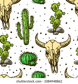 Hand drawn beautiful seamless pattern with cactus and skull of bull.