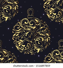 Hand drawn beautiful seamless pattern of openwork Christmas ball toy and stars. Happy New Year and Christmas decorative vector illustration for greeting card, invitation, wallpaper, wrapping paper