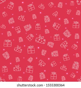 Hermoso vectorial sin fisuras con regalos bonitos. Decorativo Feliz Año Nuevo y Vector de Navidad dibujado a mano para el diseño en un fondo rojo