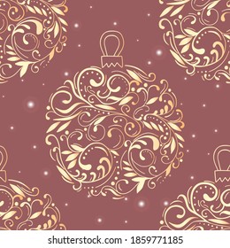 Hand drawn beautiful seamless pattern of openwork Christmas ball toy and stars. Happy New Year and Christmas decorative vector illustration for greeting card, invitation, wallpaper, wrapping paper