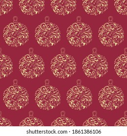 Hand drawn beautiful seamless pattern of openwork Christmas ball toys and stars. Happy New Year and Christmas decorative vector illustration for greeting card, invitation, wallpaper, wrapping paper