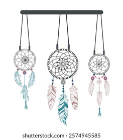 Hand drawn Beautiful set Dreamcatcher with beads and feathers boho tribal style . Tribal indian symbol. Ethnic vector illustration Boho style  Native american design.