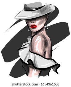 Hand drawn beautiful sketch of the face of a young woman in a hat. Stylish glamorous print. Stylish lady in a black and white dress with red lipstick on her lips.