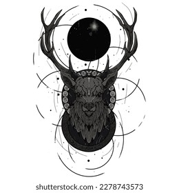 Hand drawn beautiful hand sketched deer with sphere. Illustration with deer's portrait with tree eyes. Tattoo art work. Template for card, poster, banner, print for t-shirt.