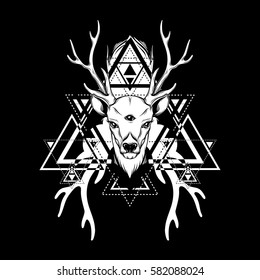 Hand drawn beautiful hand sketched deer. Illustration of deer's  portrait with tree eyes. Alchemy  spirituality occultism, tattoo art, coloring books. Template for card poster banner print for t-shirt