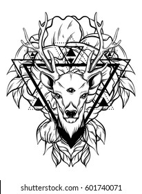 Hand drawn beautiful hand sketched deer. Illustration with deer's  portrait with tree eyes. Tattoo artwork.  Template for card, poster, banner, print for t-shirt, coloring books.