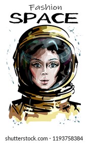 Hand drawn beautiful space woman portrait. Stylish female astronaut. Space woman character in spacesuit. Sketch.