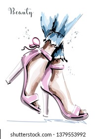 Hand drawn beautiful stylish pink shoes. Female legs in shoes with bows. Sketch. Vector illustration.