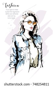 Hand drawn beautiful stylish woman in sunglasses and jeans jacket. Fashion woman portrait. Sketch. Vector illustration.