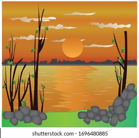 Hand drawn Beautiful sunset in riverside illustration