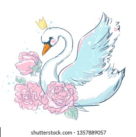 Hand drawn beautiful swan with a crown and flowers. Print for children's textile girls.