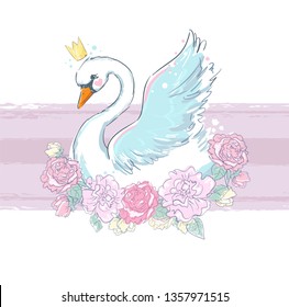 Hand drawn beautiful swan with flowers. print for children's clothing girls.