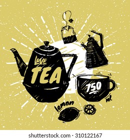 Hand drawn beautiful tea ceremony sketched elements. Vector illustration. Cups and kettles
