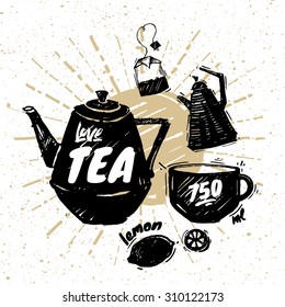Hand drawn beautiful tea ceremony sketched elements. Vector illustration. Cups and kettles
