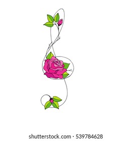Hand drawn beautiful Treble clef with rose. Vector illustration.