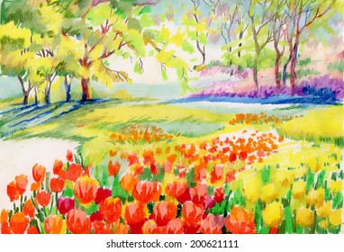 Hand drawn of beautiful tulips in the park vector