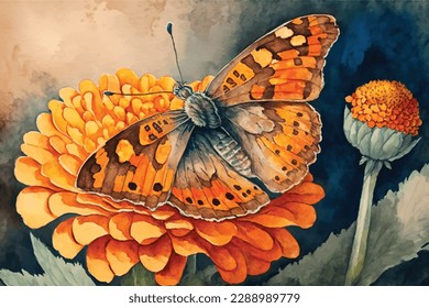 Hand drawn beautiful watercolor butterfly sitting on flower
